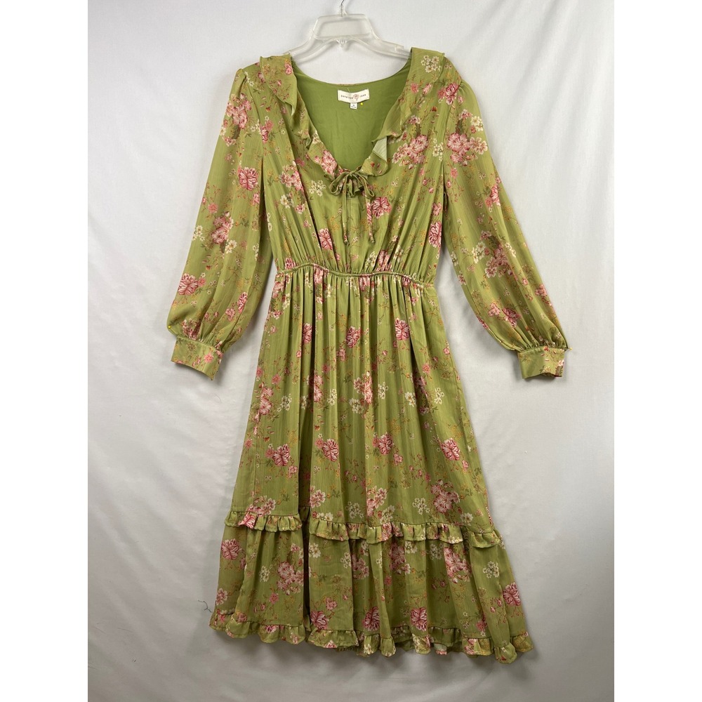 Penelope Rose Floral Midi Dress Womens Size M Green Ruffle Peasant Cottage Core
